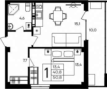 Планировка — Апарт-комплекс Альморе, 1-комн., 41 м²