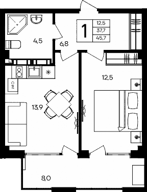 Планировка — Апарт-комплекс Альморе, 1-комн., 38 м²