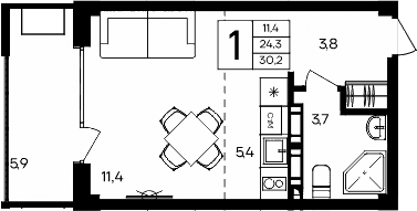 Планировка — Апарт-комплекс Альморе, Студия, 24 м²