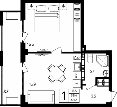 Планировка — Апарт-комплекс Альморе, 1-комн., 38 м²