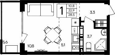 Планировка — Апарт-комплекс Альморе, Студия, 23 м²