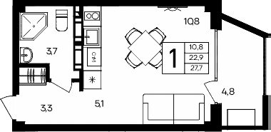 Планировка — Апарт-комплекс Альморе, Студия, 23 м²