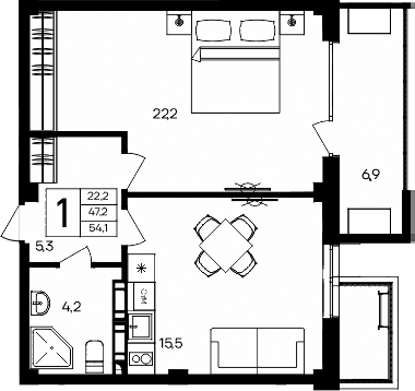 Планировка — Апарт-комплекс Альморе, 1-комн., 47 м²