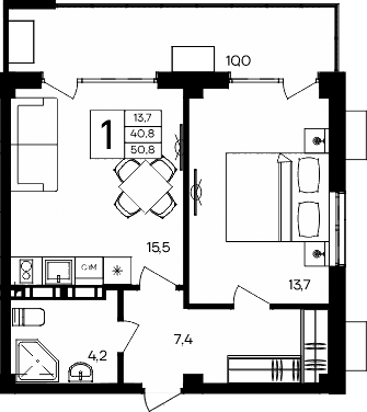 Планировка — Апарт-комплекс Альморе, 1-комн., 41 м²