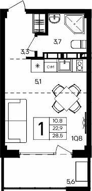 Планировка — Апарт-комплекс Альморе, Студия, 23 м²