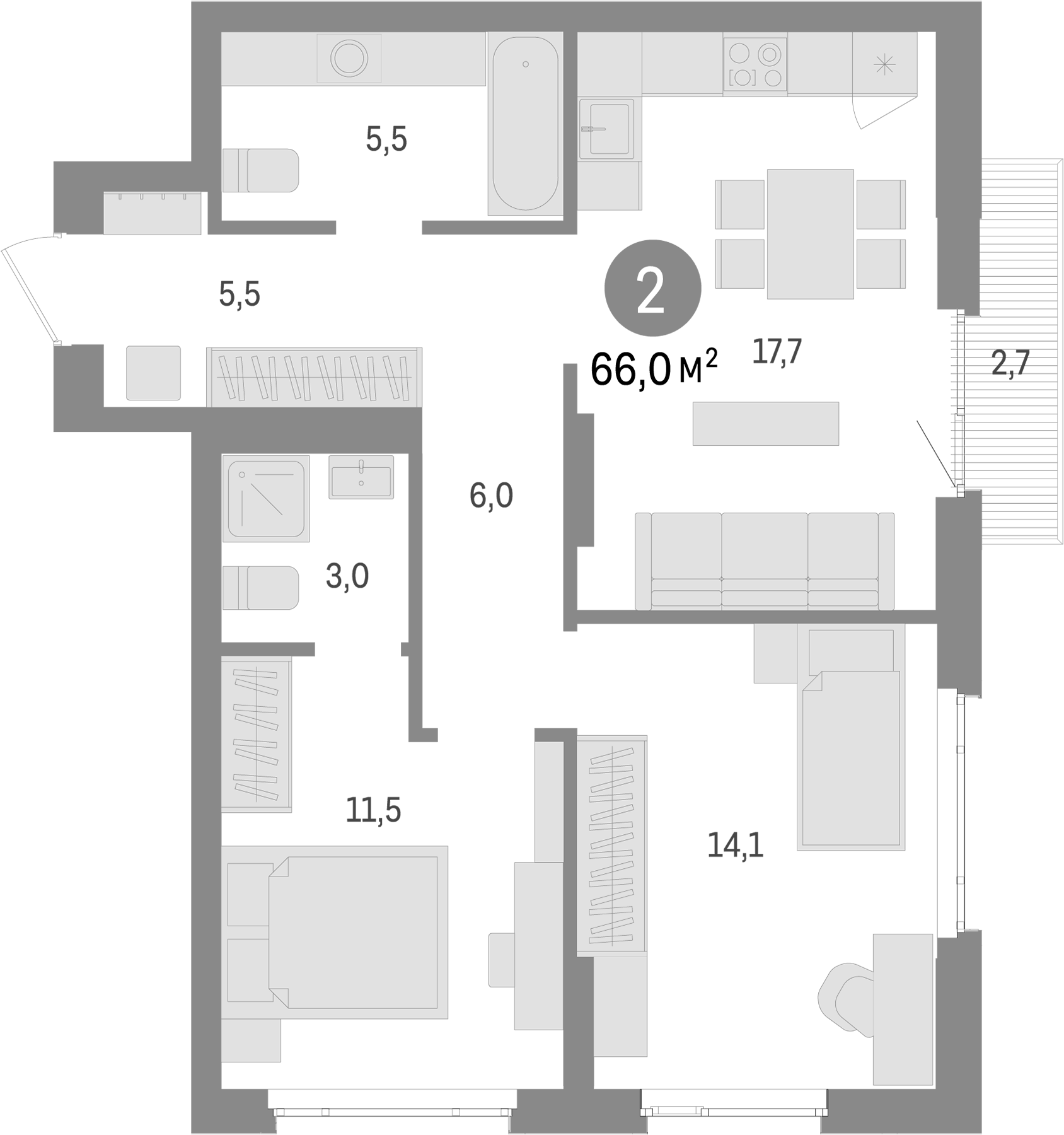 Планировка — Траектория, 2-комн., 63 м²