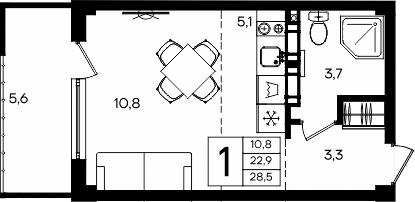 Планировка — Апарт-комплекс Альморе, Студия, 23 м²