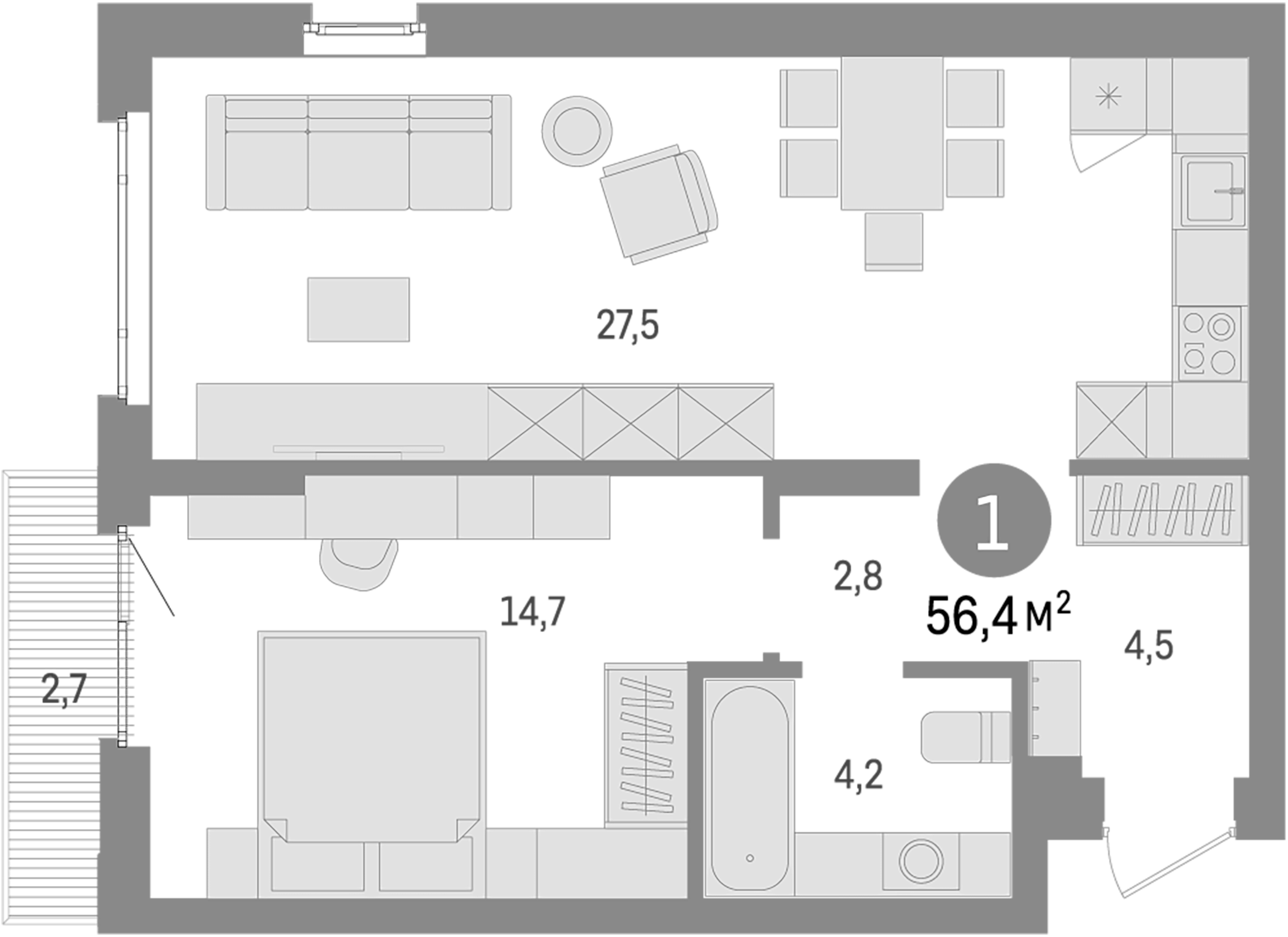 Планировка — Траектория, 1-комн., 54 м²