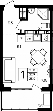 Планировка — Апарт-комплекс Альморе, Студия, 23 м²