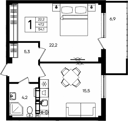Планировка — Апарт-комплекс Альморе, 1-комн., 47 м²