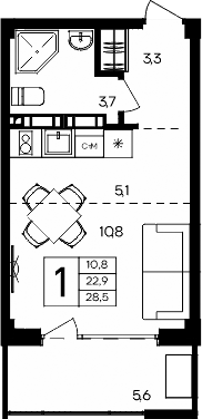 Планировка — Апарт-комплекс Альморе, Студия, 23 м²