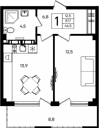 Планировка — Апарт-комплекс Альморе, 1-комн., 38 м²