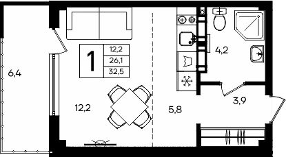 Планировка — Апарт-комплекс Альморе, Студия, 26 м²