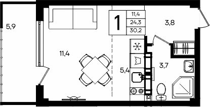 Планировка — Апарт-комплекс Альморе, Студия, 24 м²