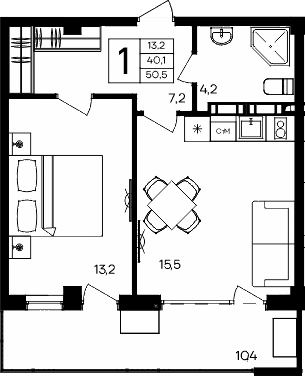 Планировка — Апарт-комплекс Альморе, 1-комн., 40 м²