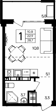 Планировка — Апарт-комплекс Альморе, Студия, 23 м²