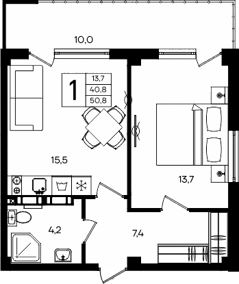 Планировка — Апарт-комплекс Альморе, 1-комн., 41 м²