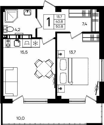 Планировка — Апарт-комплекс Альморе, 1-комн., 41 м²