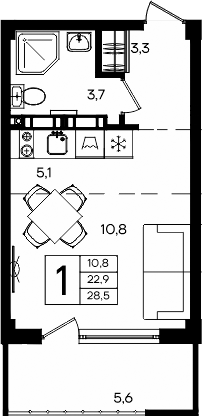 Планировка — Апарт-комплекс Альморе, Студия, 23 м²
