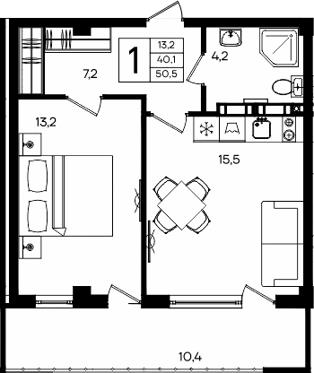 Планировка — Апарт-комплекс Альморе, 1-комн., 40 м²