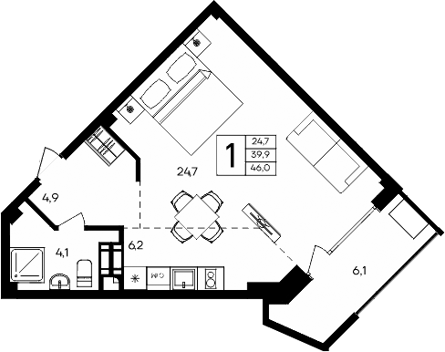 Планировка — Апарт-комплекс Альморе, Студия, 40 м²