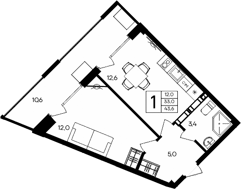 Планировка — Апарт-комплекс Альморе, 1-комн., 33 м²