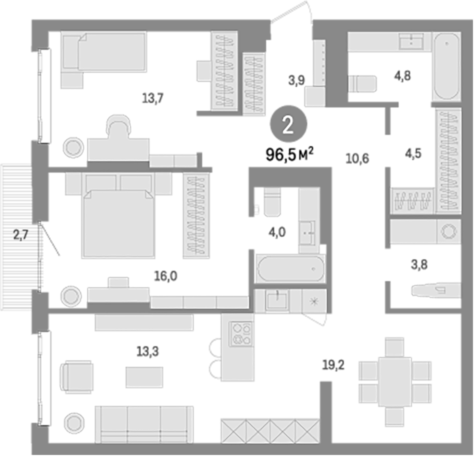Планировка — Траектория, 2-комн., 94 м²