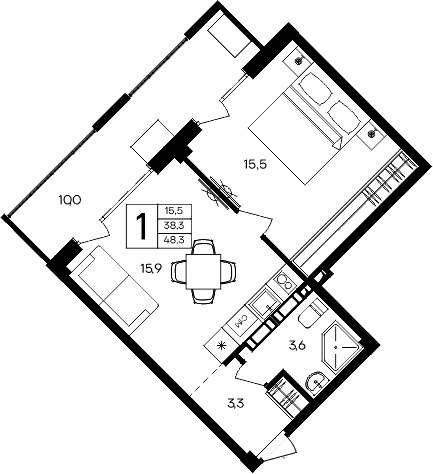Планировка — Апарт-комплекс Альморе, 1-комн., 38 м²