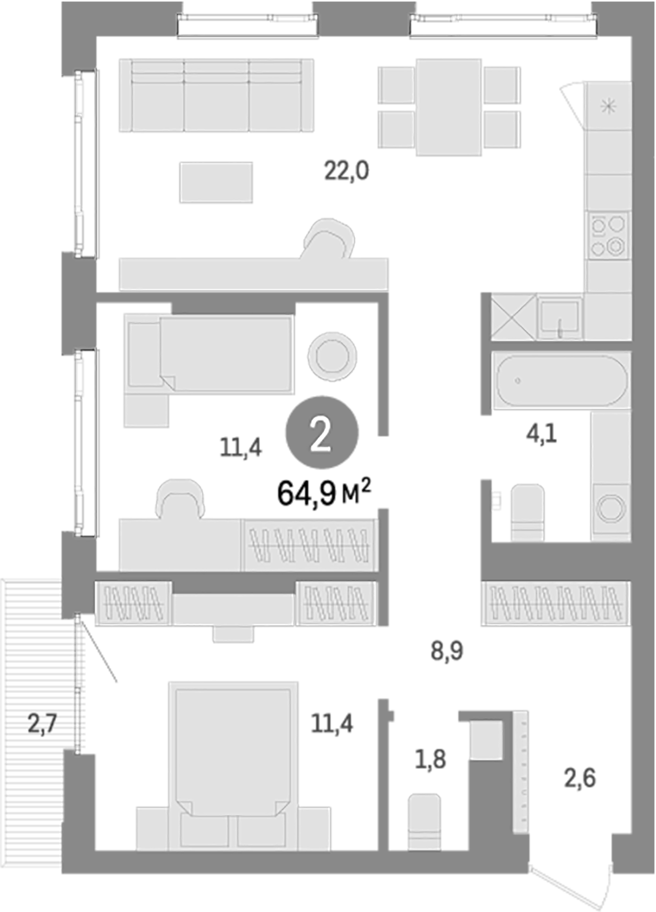 Планировка — Траектория, 2-комн., 62 м²