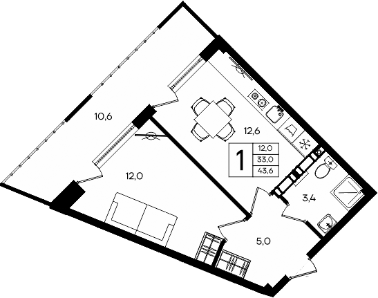 Планировка — Апарт-комплекс Альморе, 1-комн., 33 м²