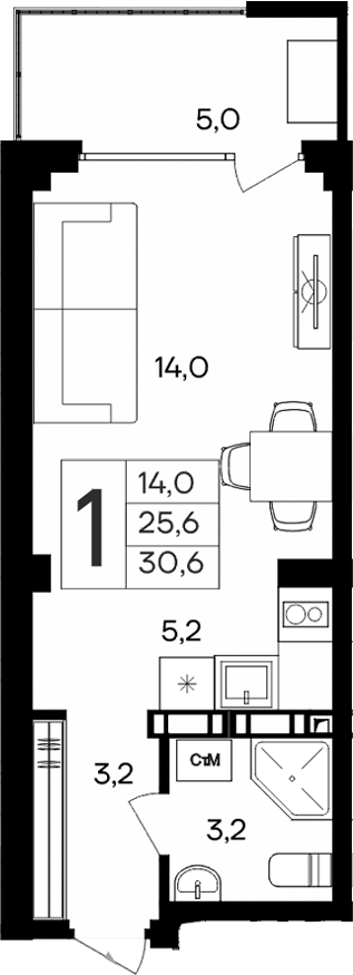 Планировка — Апарт-комплекс Альморе, Студия, 26 м²