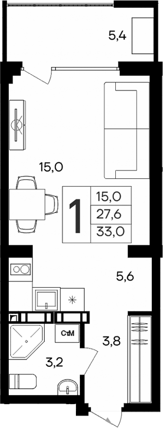 Планировка — Апарт-комплекс Альморе, Студия, 28 м²