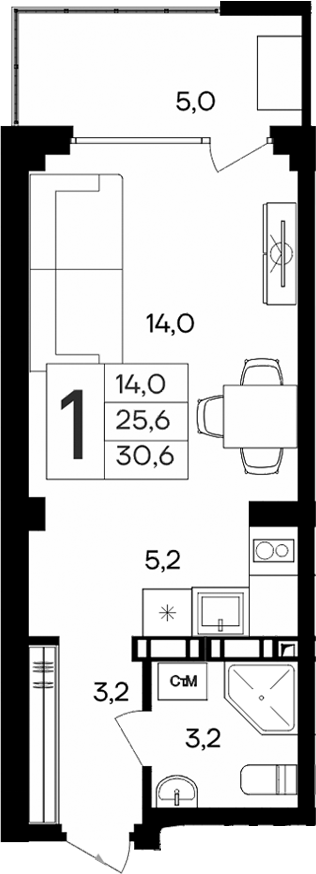 Планировка — Апарт-комплекс Альморе, Студия, 26 м²