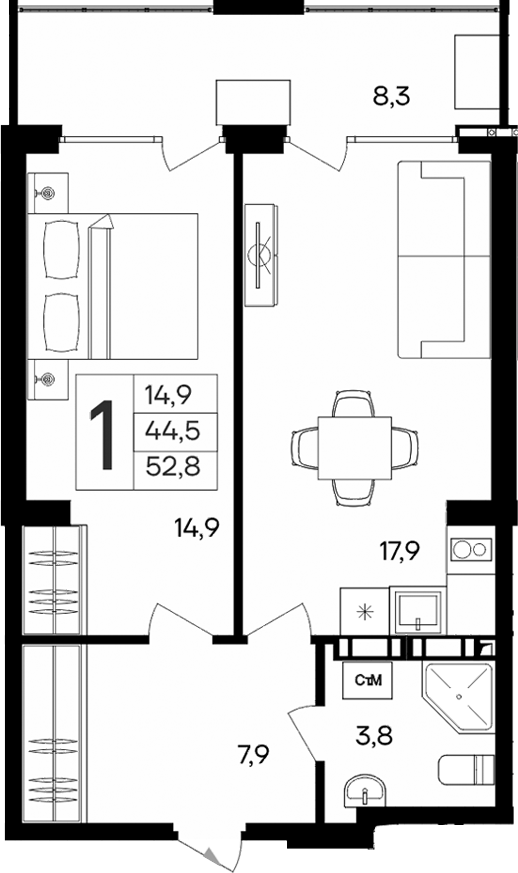 Планировка — Апарт-комплекс Альморе, 1-комн., 45 м²