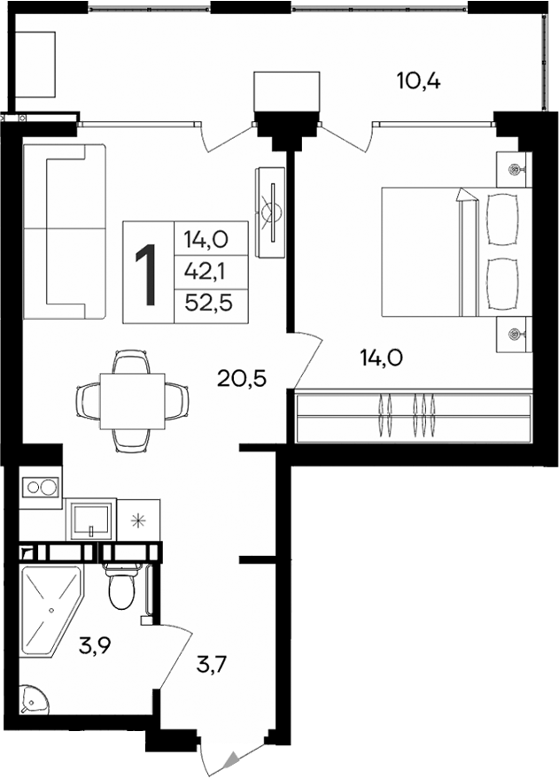 Планировка — Апарт-комплекс Альморе, 1-комн., 42 м²