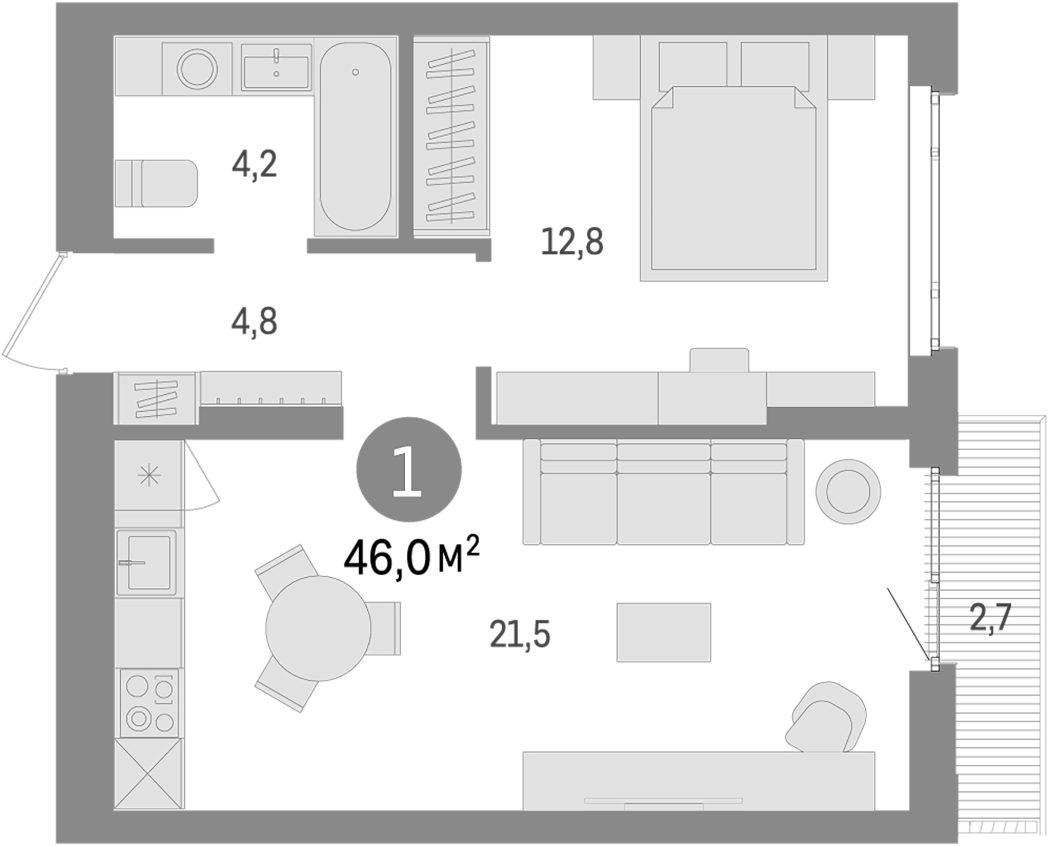 Планировка — Траектория, 1-комн., 43 м²