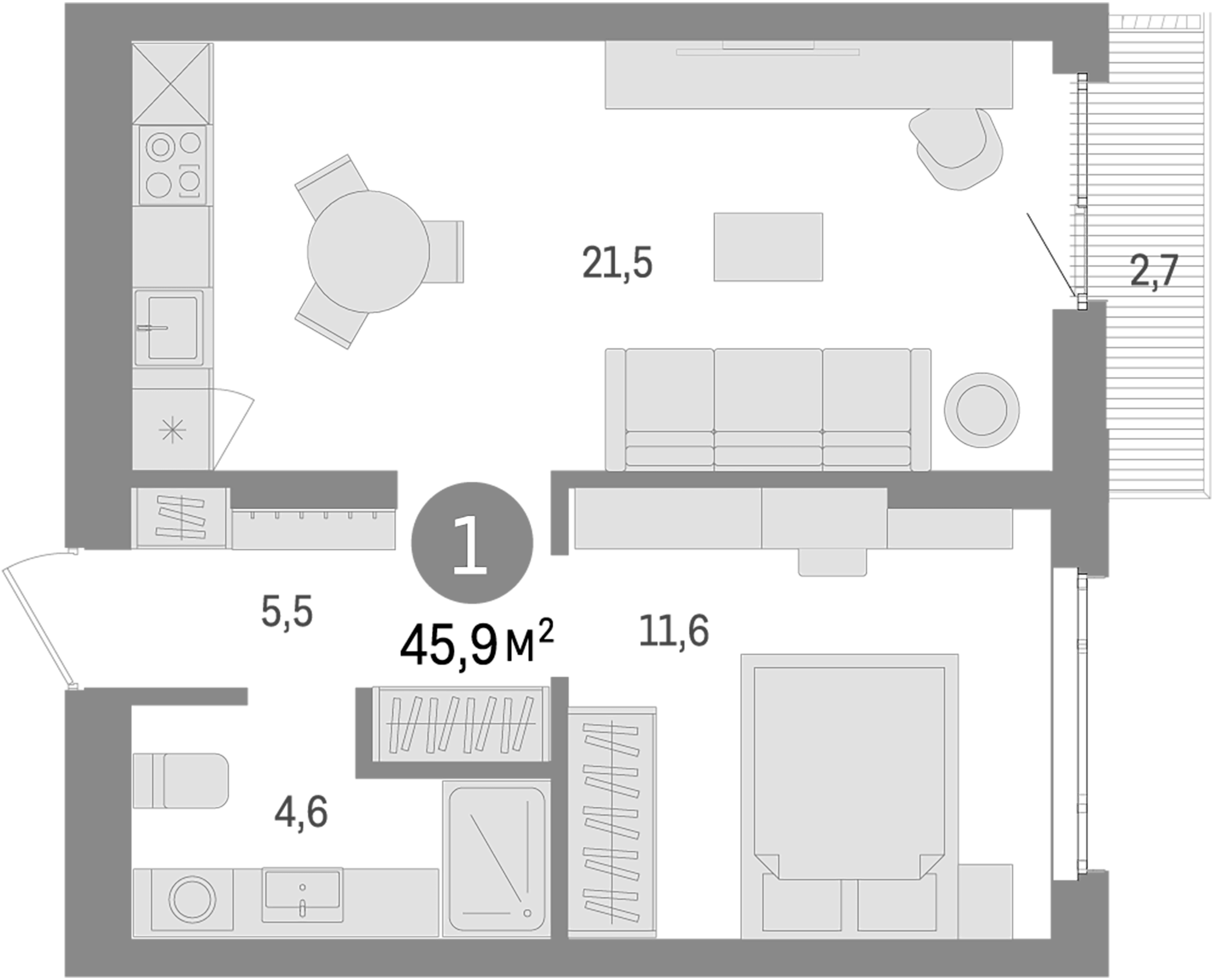 Планировка — Траектория, 1-комн., 43 м²