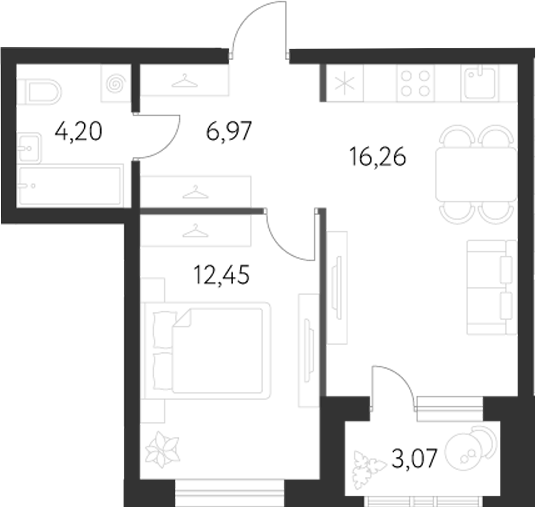 Планировка — Первый Академ, 1-комн., 40 м²