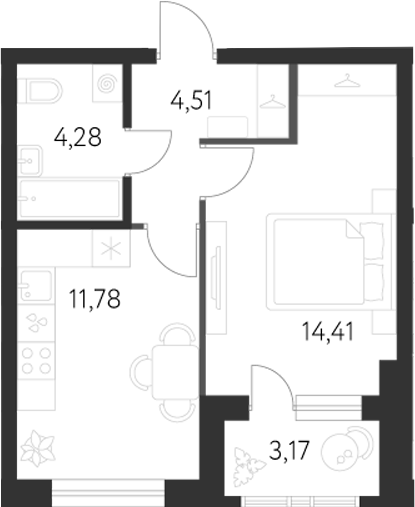 Планировка — Первый Академ, 1-комн., 35 м²