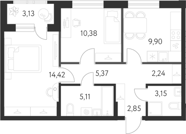 Планировка — Первый Академ, 2-комн., 53 м²