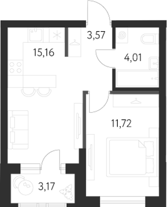 Планировка — Первый Академ, 1-комн., 35 м²