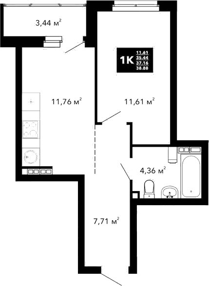 Планировка — Радиостанция, 1-комн., 35 м²