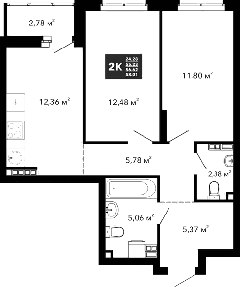 Планировка — Радиостанция, 2-комн., 55 м²