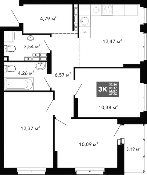 Планировка — Радиостанция, 3-комн., 64 м²