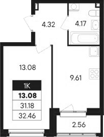 Планировка — Современник, 1-комн., 31 м²