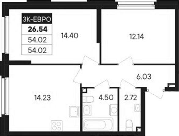Планировка — Современник, 3-комн., 54 м²