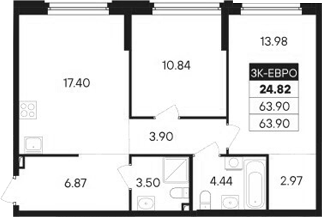 Планировка — Современник, 3-комн., 64 м²