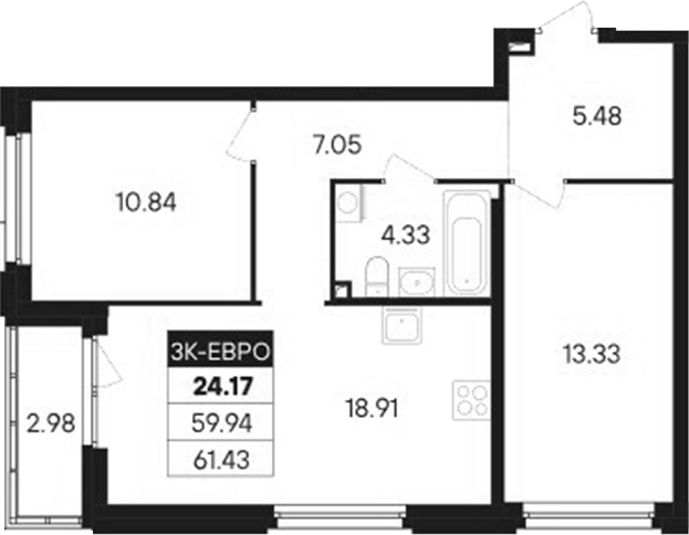 Планировка — Современник, 3-комн., 60 м²