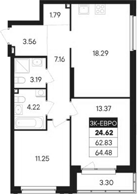 Планировка — Современник, 3-комн., 63 м²