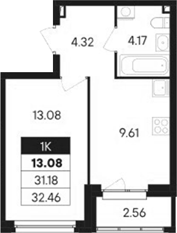 Планировка — Современник, 1-комн., 31 м²